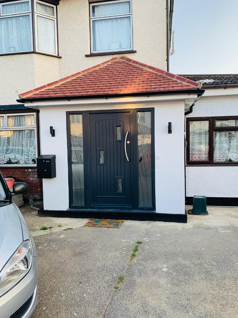 Anthracite composite door with canopy porch